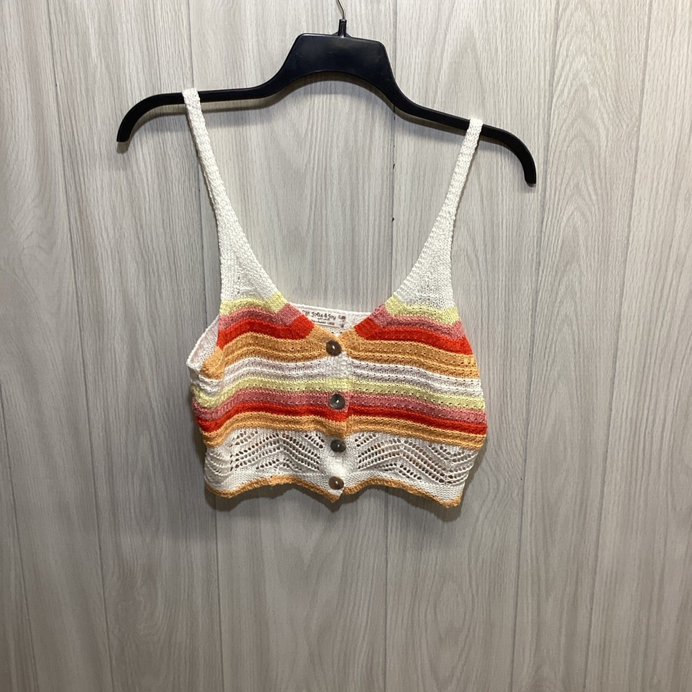 JOLIE & JOY Women's (Size L) Sleeveless Button Front V-Neck Crochet Crop Top